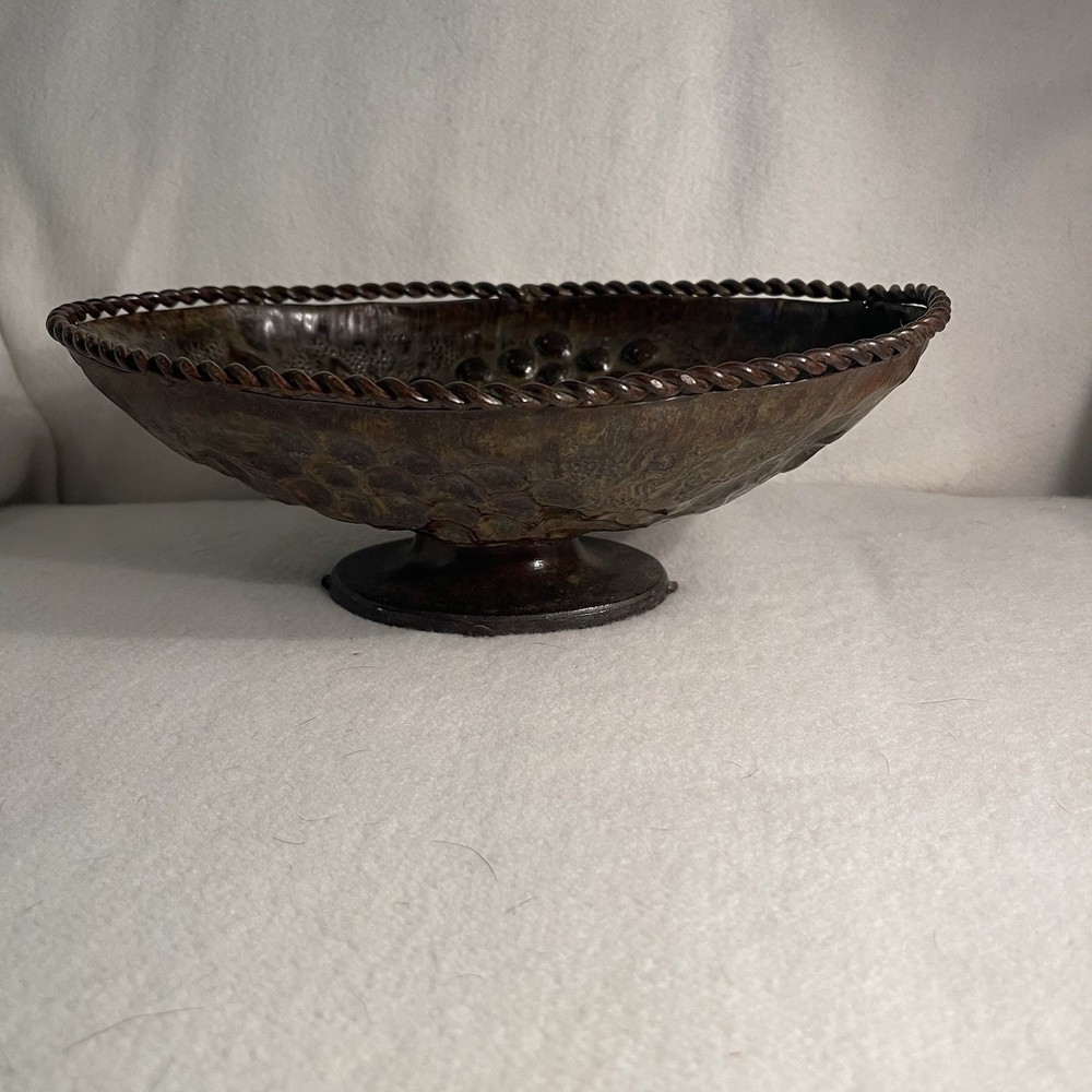 Vtg Metal Bronze Fruit Bowl W: Embossed Grape & Leaf Pattern & Rope Pattern