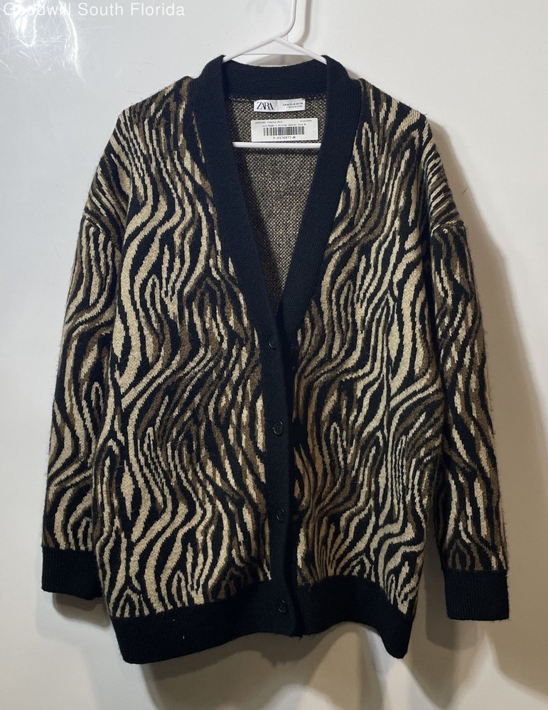 Zara Womens Beige Black Animal Print Long Sleeve Cardigan Sweater Size Medium