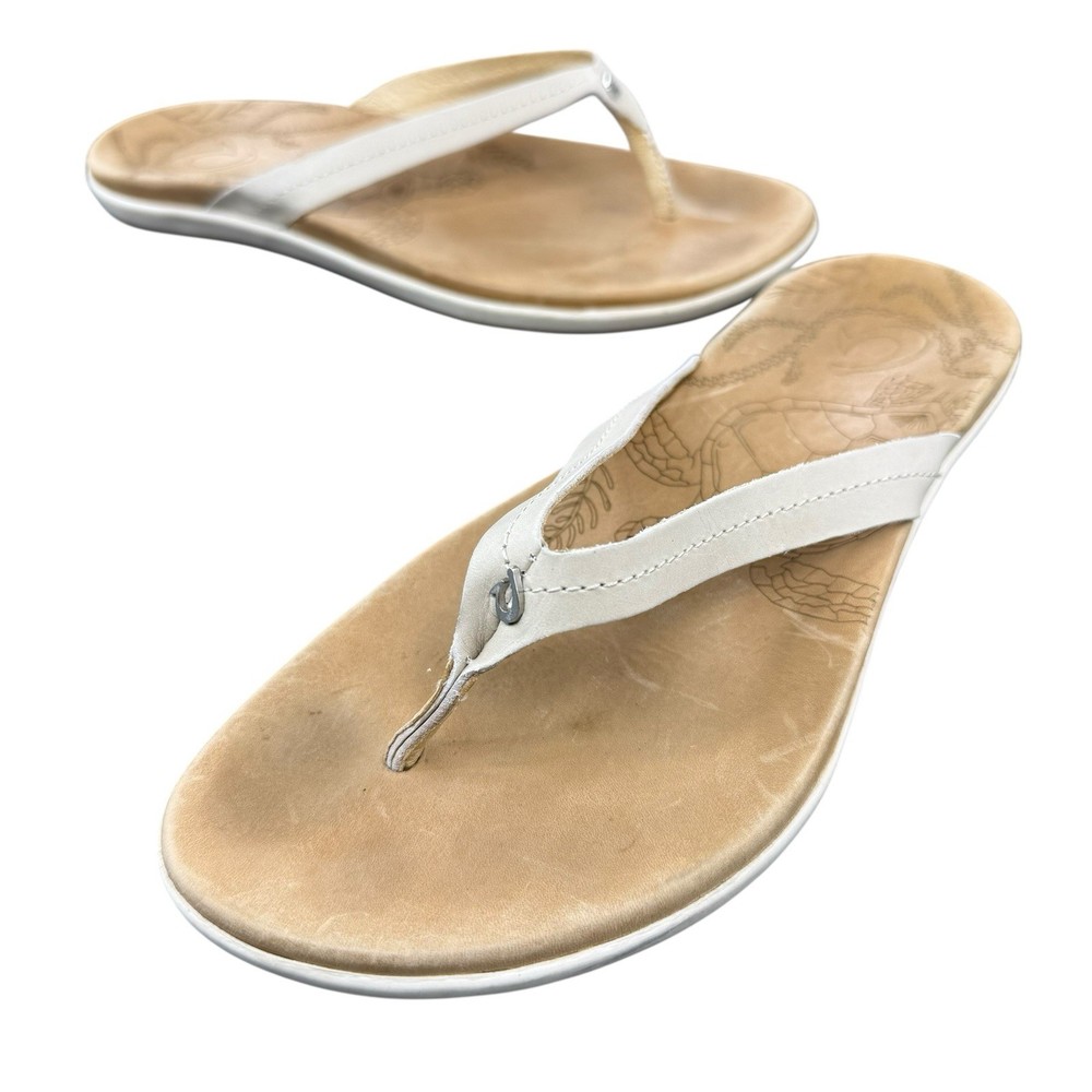 Olukai Womens Honu Beige Leather Sandals Size 8 Flip Flops