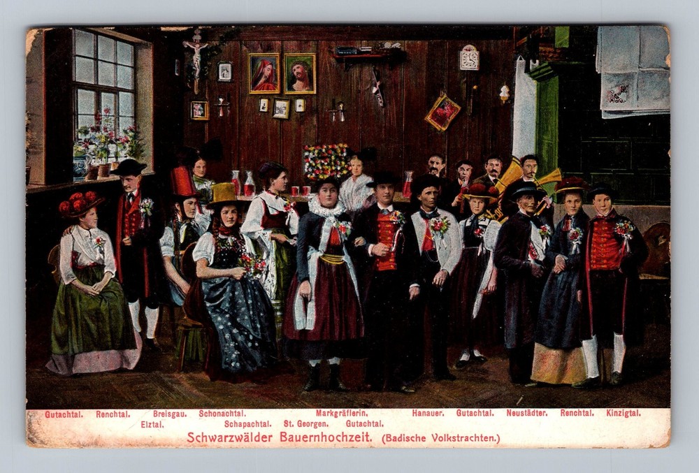 Germany-Black Forest Farmer's Wedding Party Folk Costumes Old Vintage Postcard