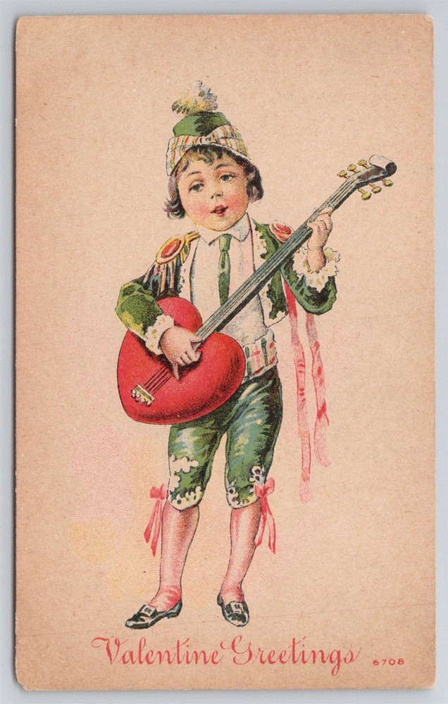Valentine Greetings Young Boy Heart Shaped Guitar Singing C1910s Postcard AL13