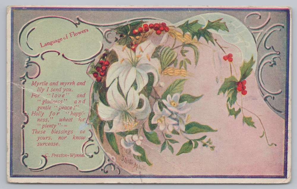 Religious~Language Of Flowers~Myrtle Myrrh & Lily~Poem By C Preston-Wynne~Vtg PC