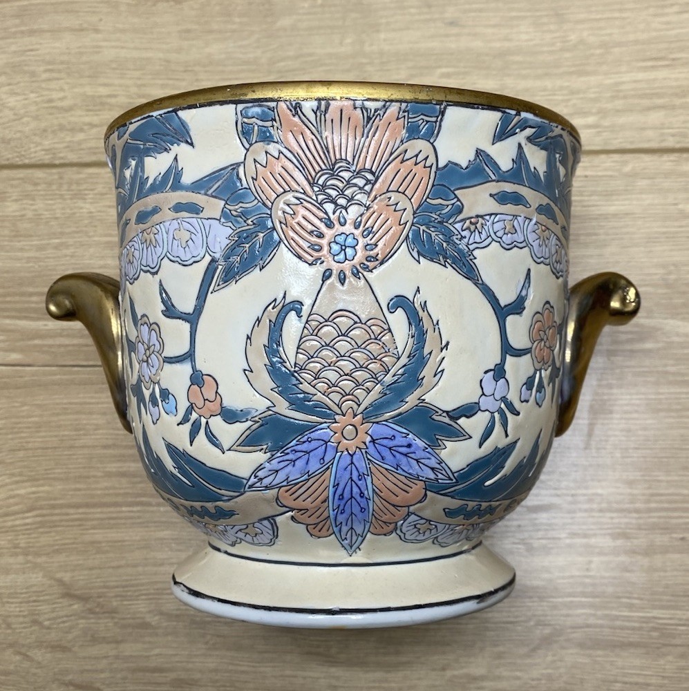 Andrea by Sadek Asian Floral Cachepot Vase Planter Gold Handles 5”
