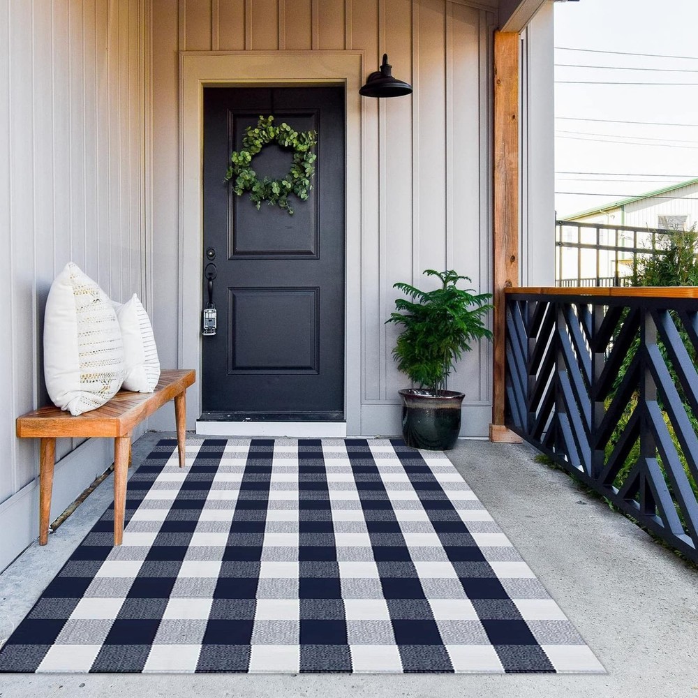 Rug 4' x 6' Navy Blue White Buffalo Plaid Cotton Hand-Woven Washable Foldable