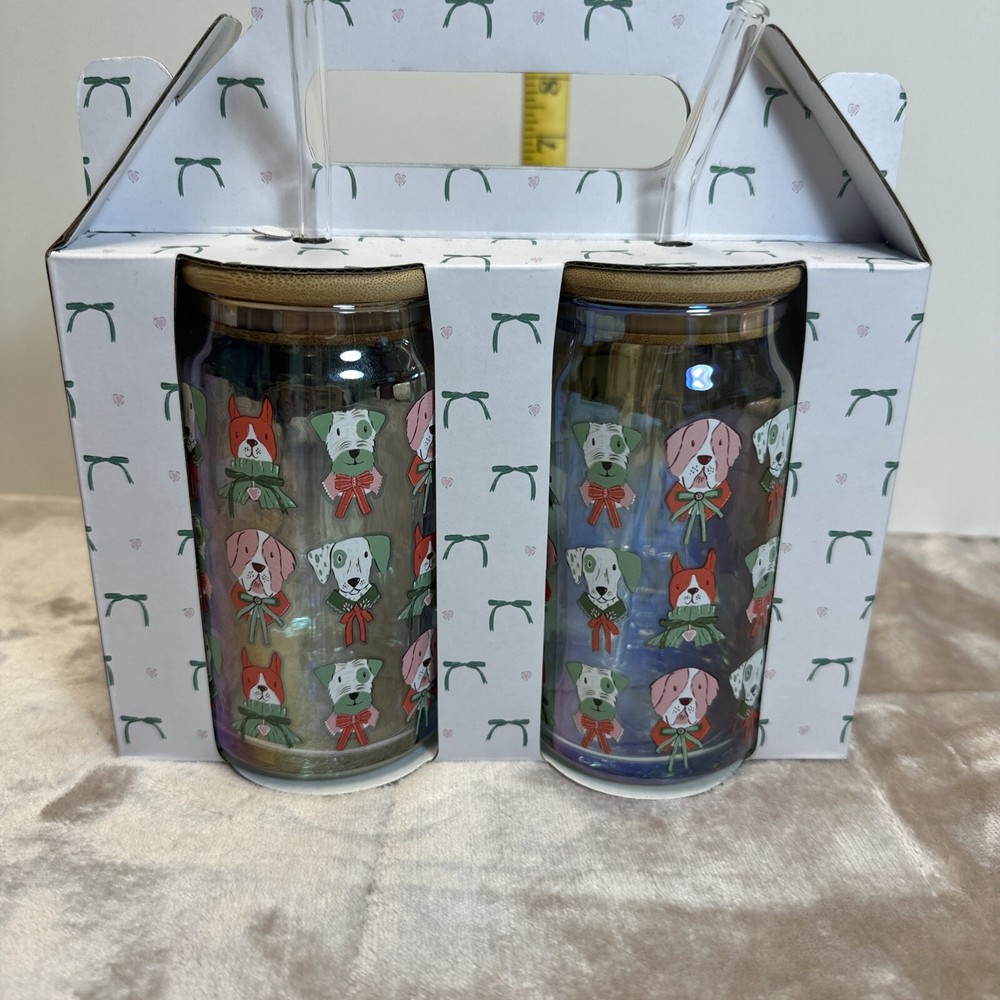 Dog-Themed Glass Tumblers with Bamboo Lid and Glass Straws Gift Set