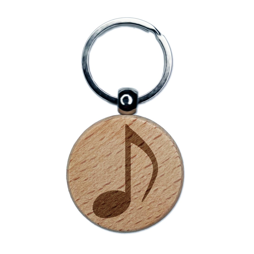 Music Eighth Note Engraved Wood Round Keychain Tag Charm