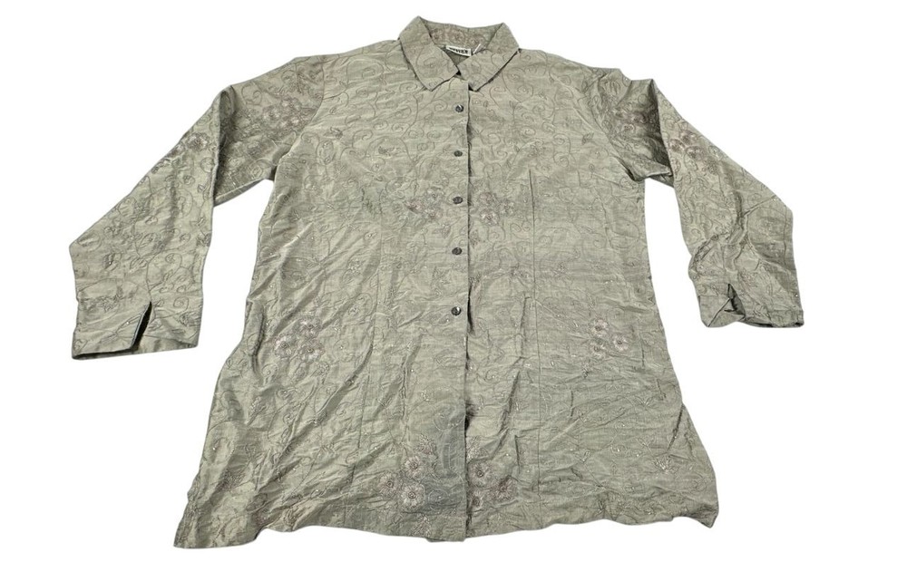 Chicos Design Silk Blouse Women 3 Silver Gray Embellished Long Sleeve Button Up