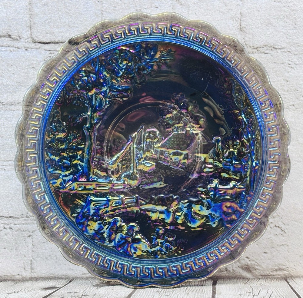 Vintage Imperial Carnival Glass Homestead Scenic Chop Plate IG Mark 1960s 10.5”