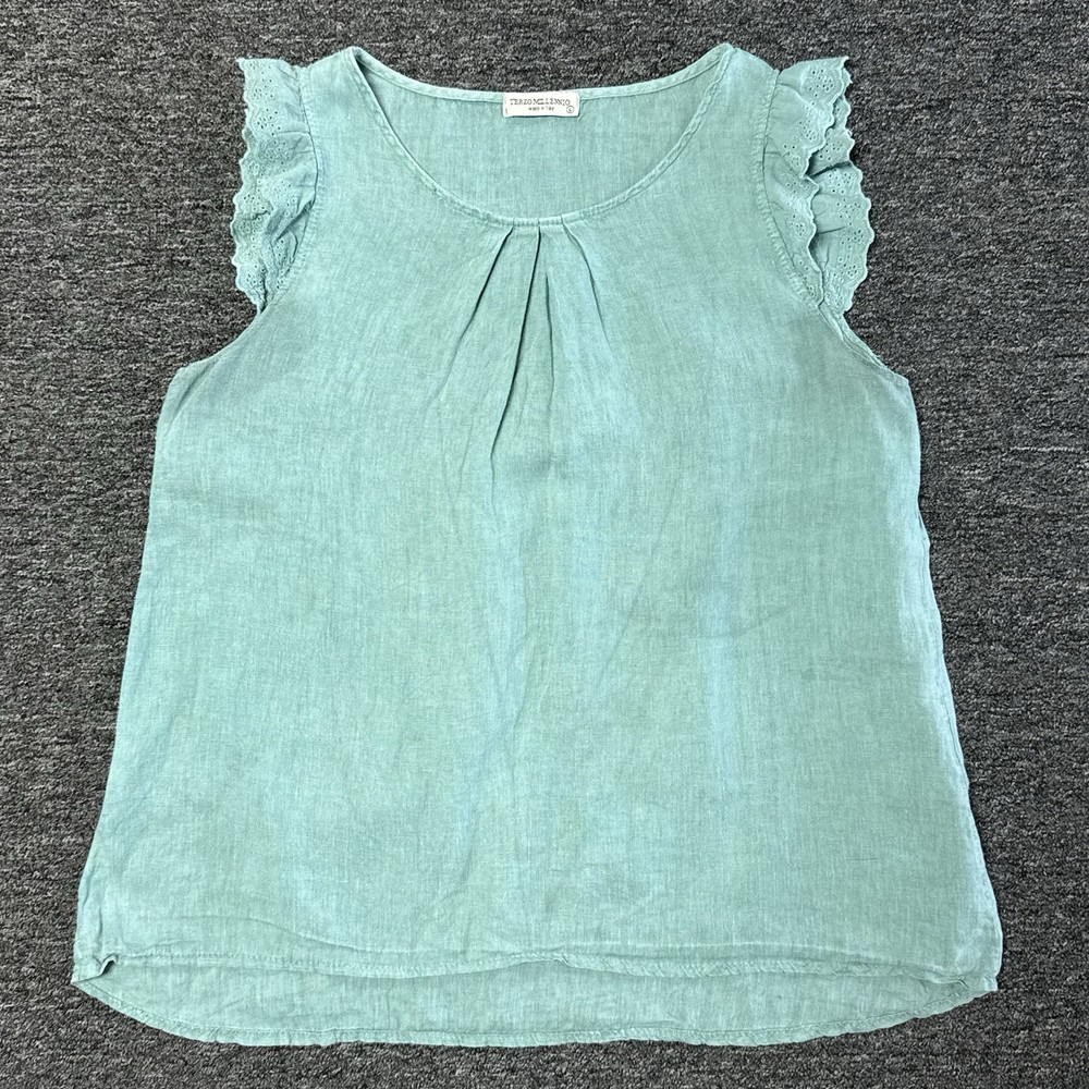 Women’s Terzo Millennio Top 100% Linen Mint Green Flutter Sleeve Blouse - Size L