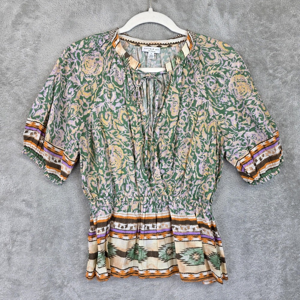Current Air Blouse Womens S Multicolor V Neck Short Puff Sleeve Peplum Boho
