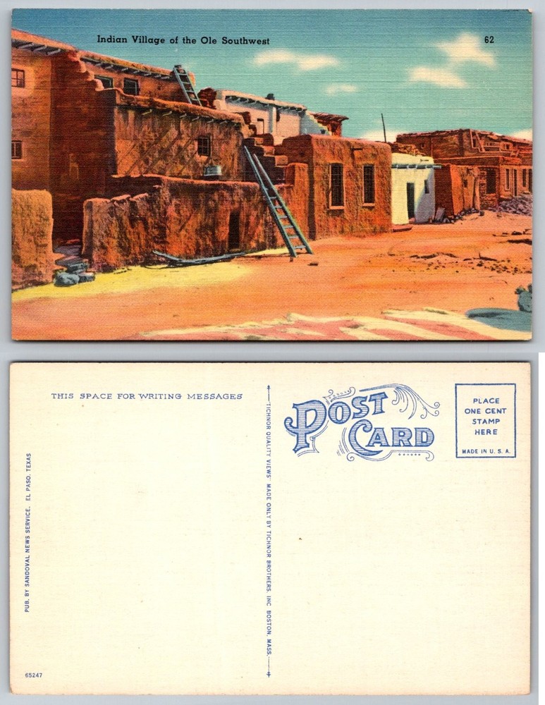 Vintage Linen Postcard Indian Village Ole Southwest Adobe Pueblo Tichnor 1940s