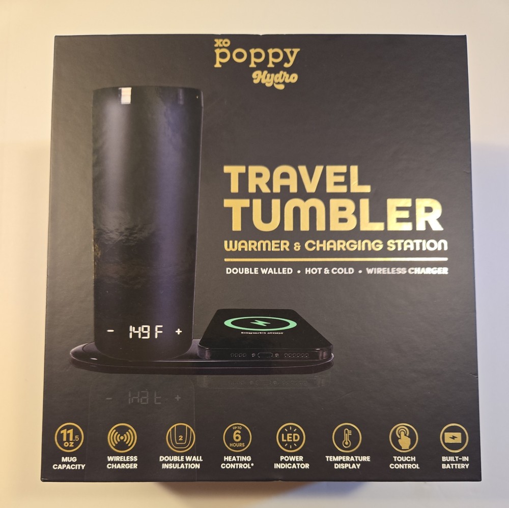 XO Poppy Hydro Tumbler Warmer & Charging Station Black Hot Cold NIB New