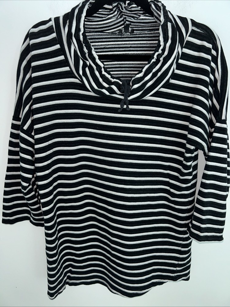 Cable & Gauge Women's Black & White Striped 3/4 Sleeve Pullover Large Casual