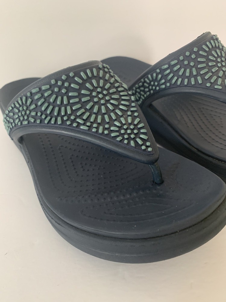 Crocs Women's Navy Light Blue Monterey Diamante Wedge Flip Flops Size 6W