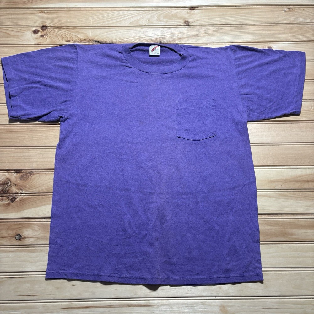 Vintage 80s Jerzees Pocket T Purple Blank Single Stitch Shirt Size XL