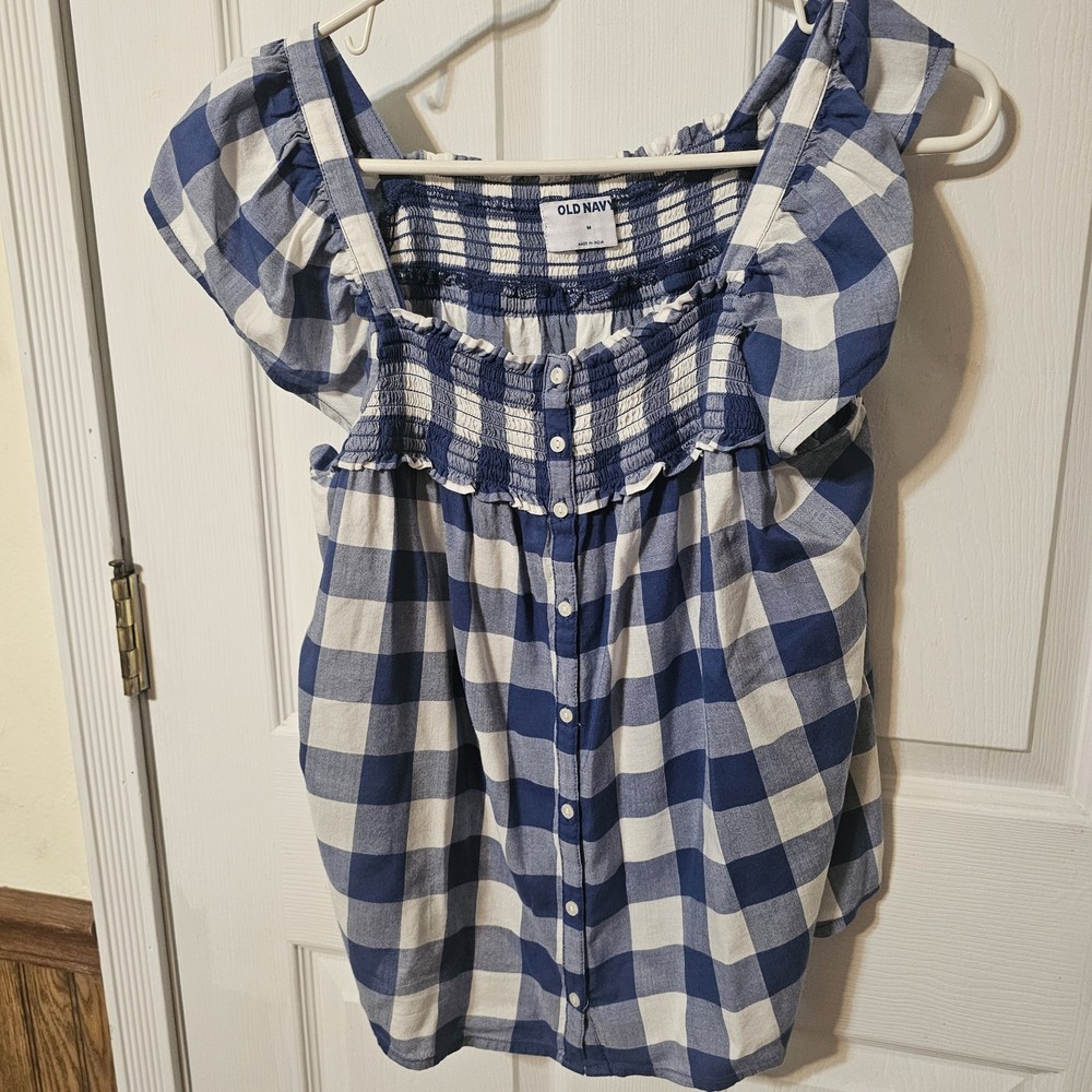Old Navy Blue Plaid Short Sleeve Button Up Shirt Top Women’s Blouse Smocked M