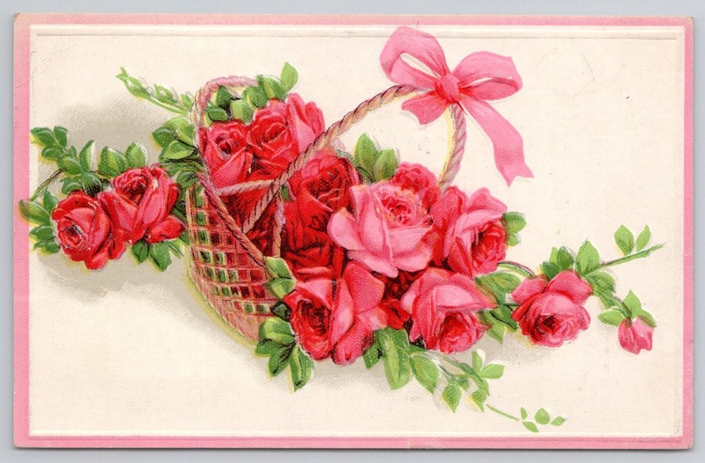 1910 Posted Embossed Roses Basket Postcard - Cornell NY to Hampton NJ