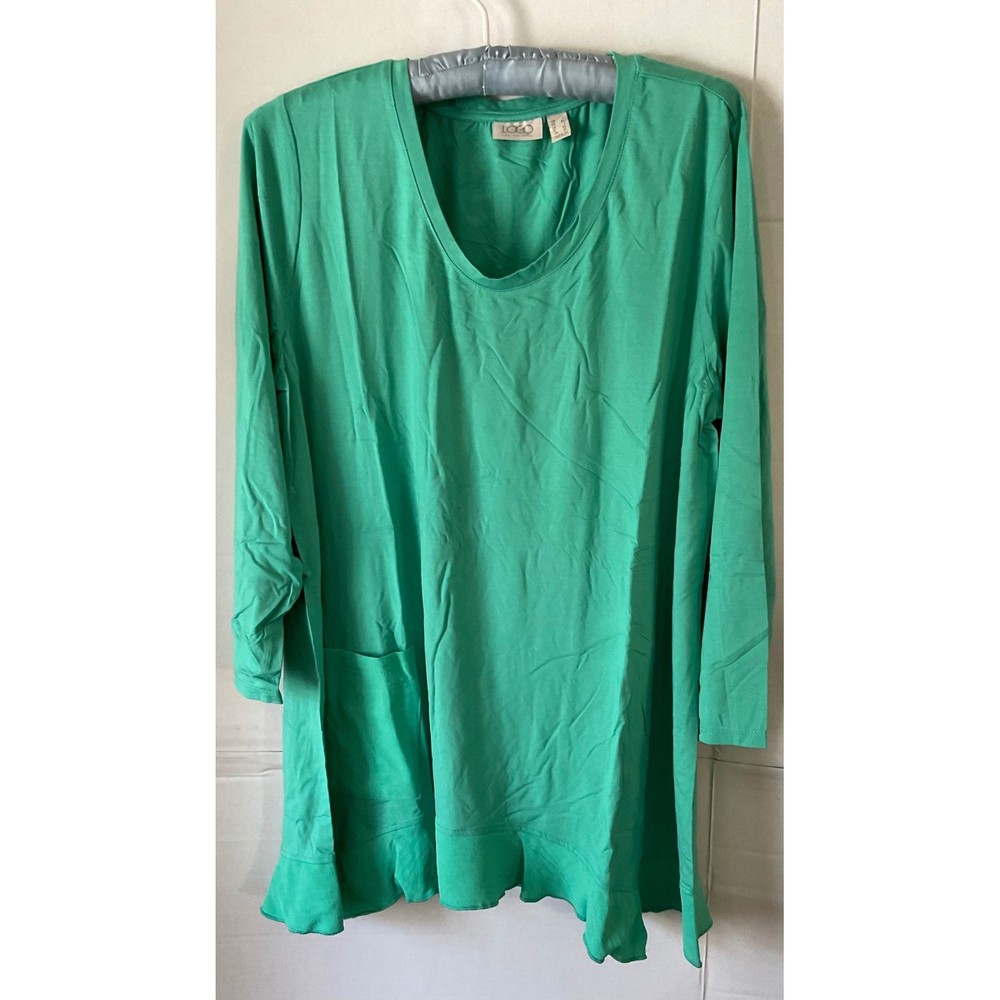 LOGO Lori Goldstein Green Knit Ruffle Hem Tunic Top Scoop Neck Pocket Large new