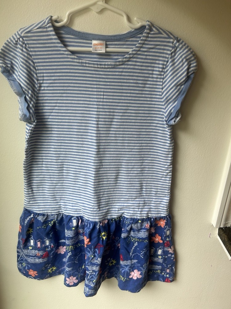 Gymboree Girls Blue/White Striped Tunic T-Shirt Round Neck Short Sleeve M 7-8