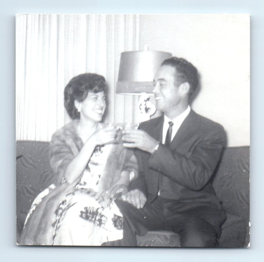 Old Vintage Square Photo MAN WOMAN COUPLE TOASTING IN LIVING ROOM SNAPSHOT