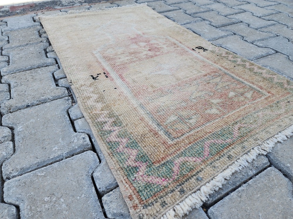 Mini Turkish Oushak Rug 1.8x3.4 ft Faded Pink Beige Prayer Design
