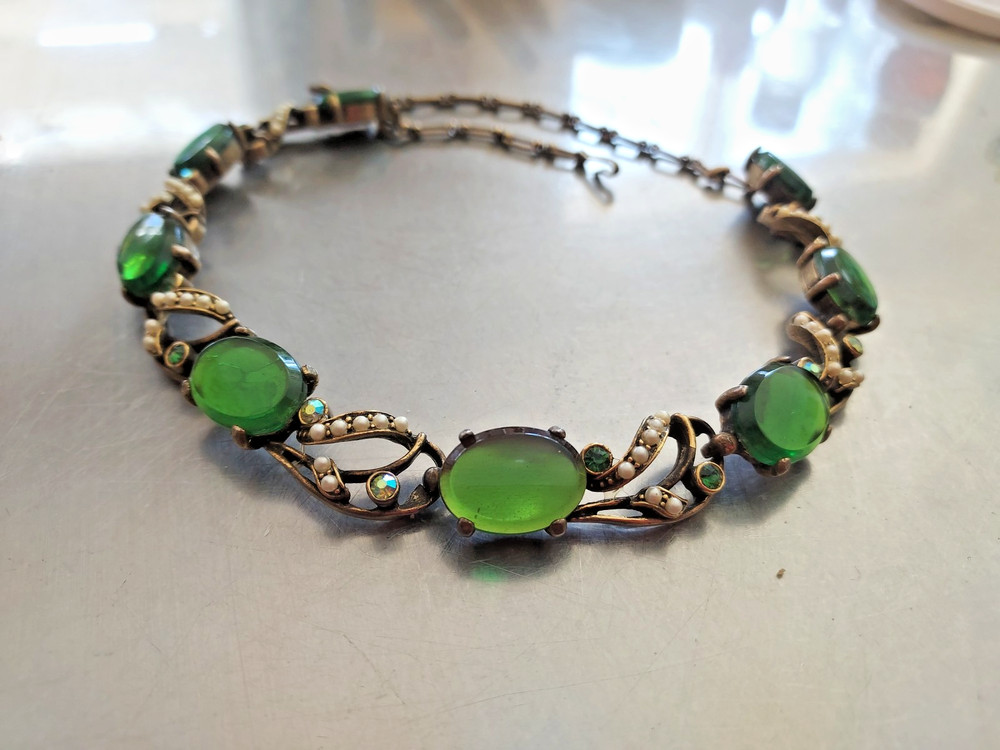 Emerald Green Choker Bead Pearl Rhinestone Vintage Necklace