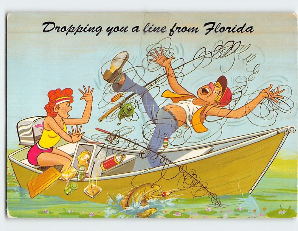 Postcard Dropping You A Line From Florida USA Fishing Humor Scene Comic Art