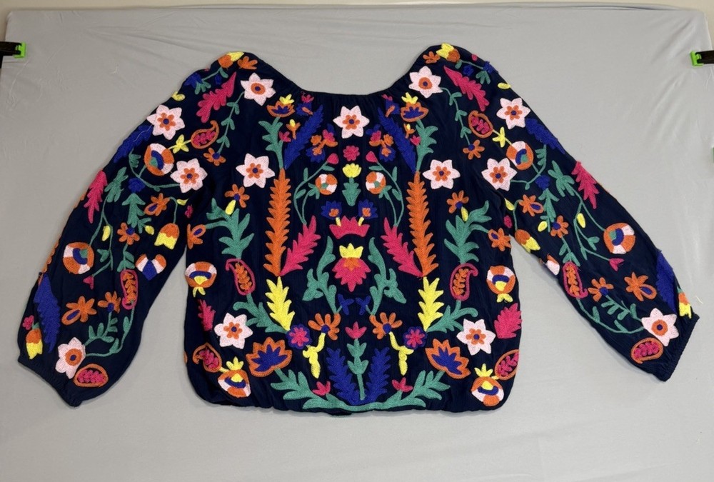 Soft Surroundings Medium Navy Banjara Embroidered Boho Peasant Blouse Top Lined