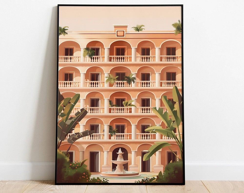Indian Hotel Wall Art Vintage Resort Poster Minimalist Beige Architecture Print