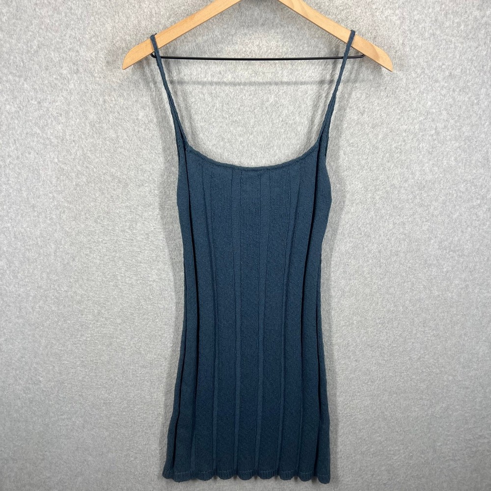Free People Beach Mini Dress Womens L Blue Ribbed Knit Sleeveless Scoop Neck EUC