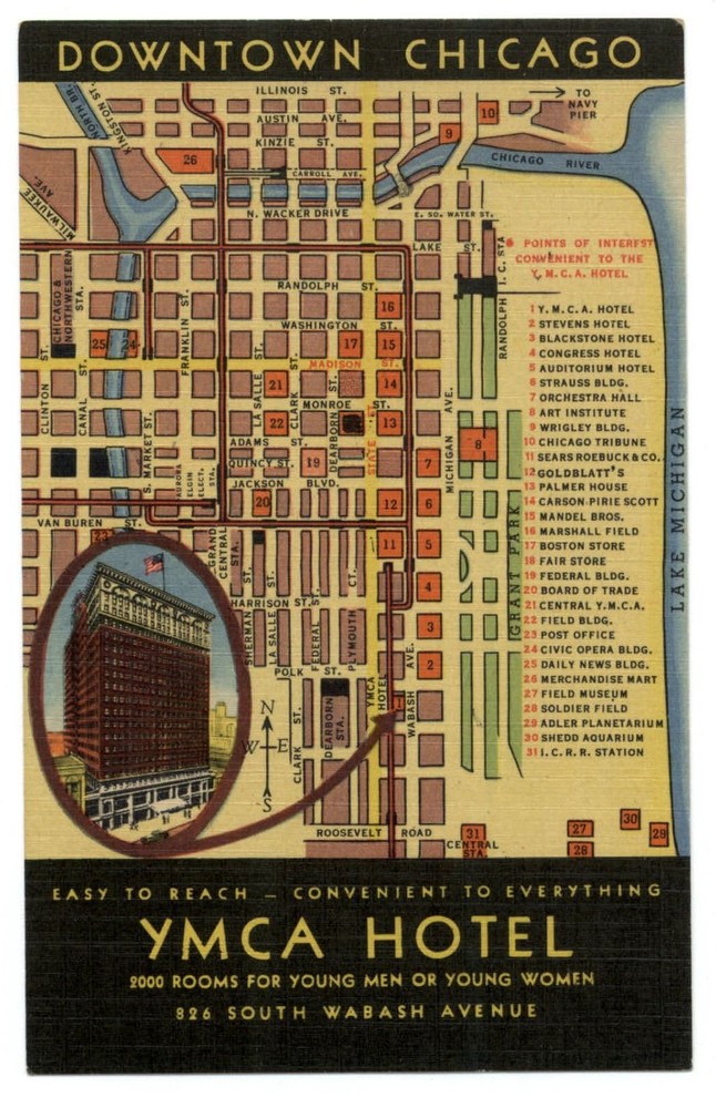 YMCA Hotel Chicago Illinois ~ street map ~ 1940s linen postcard