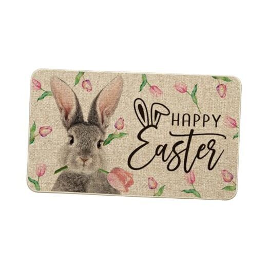 Rabbit Flower Happy Easter Doormat, Seasonal Spring Home Decor Low-Profile