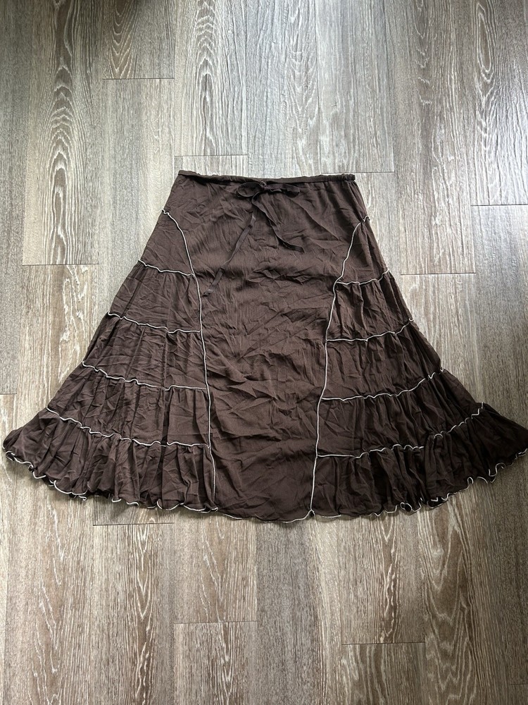 VTG Max Studio Chiffon Ruffle Brown Tiered Skirt Y2K Cottage Whimsy Fairy 90s