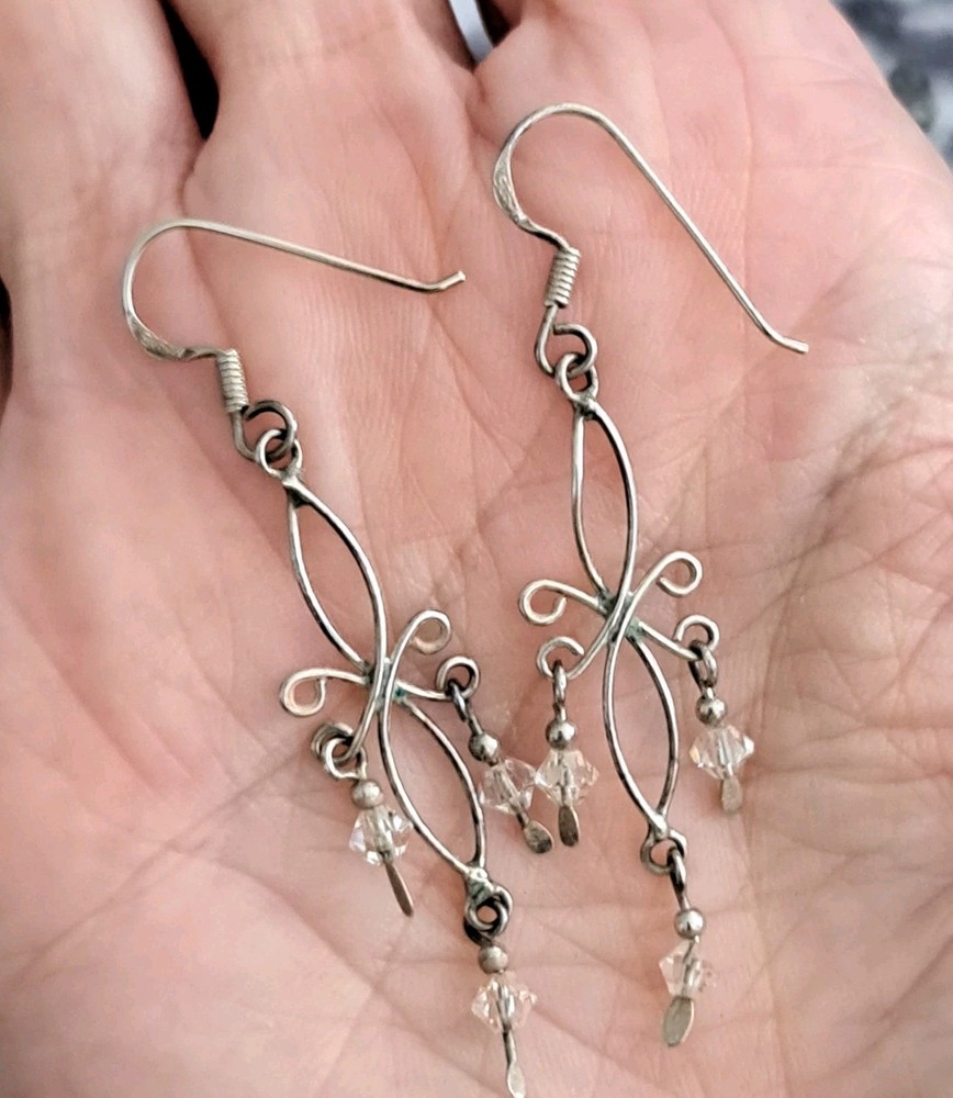 Vintage Sterling Silver .925 Clear Crystal Earrings Dangle Filigree  1.75