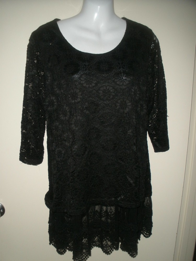 Boho Black Lace Overlay Tunic Top - Misses Shirt M Lady Noiz Style