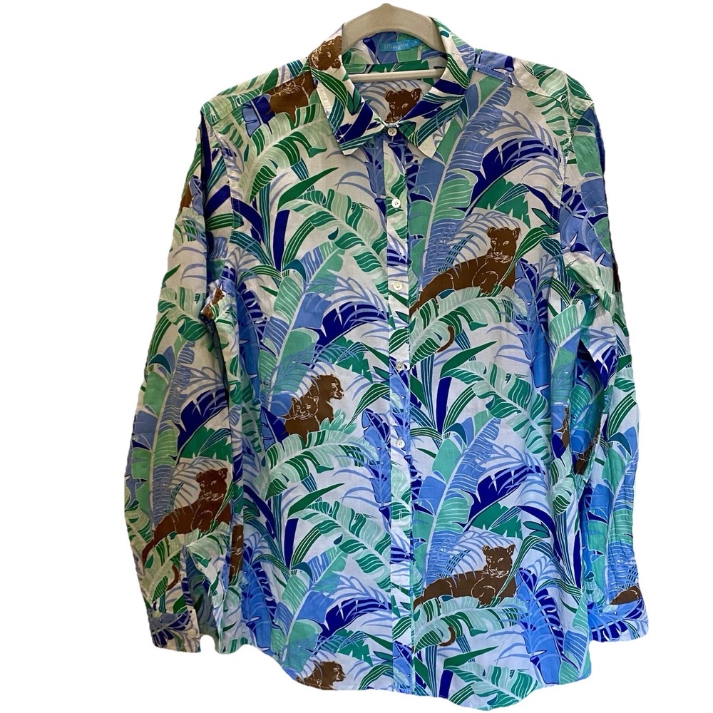 J McLaughlin Womens Tropical Palms And Leopard Print Button Down Shirt Size S