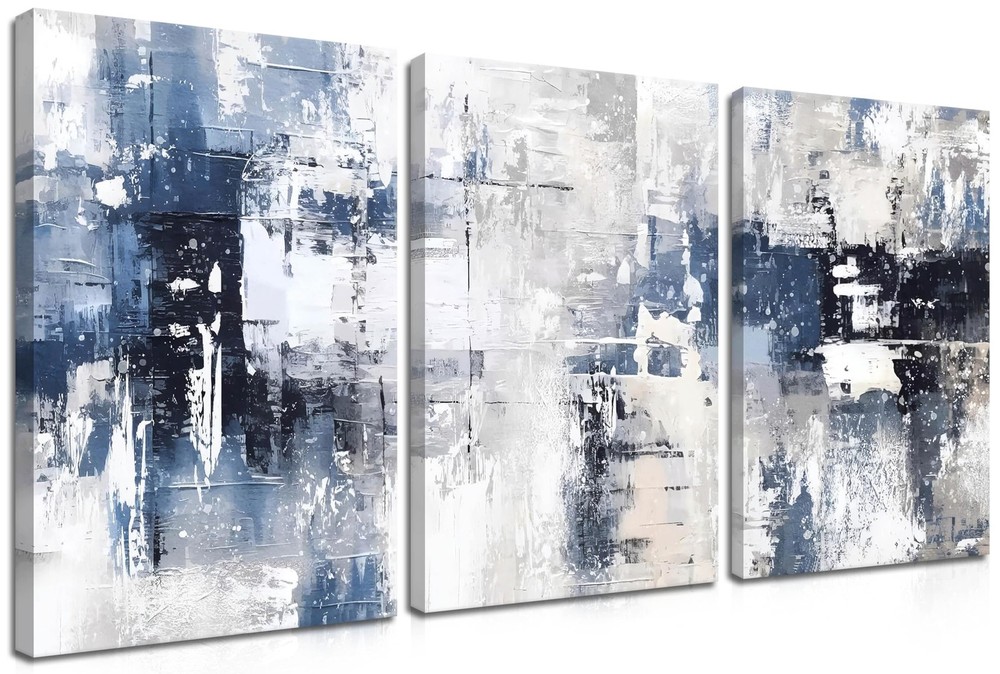 Abstract Blue and White Wall Art Set of 3, Modern Simple Navy Framed Canvas P...