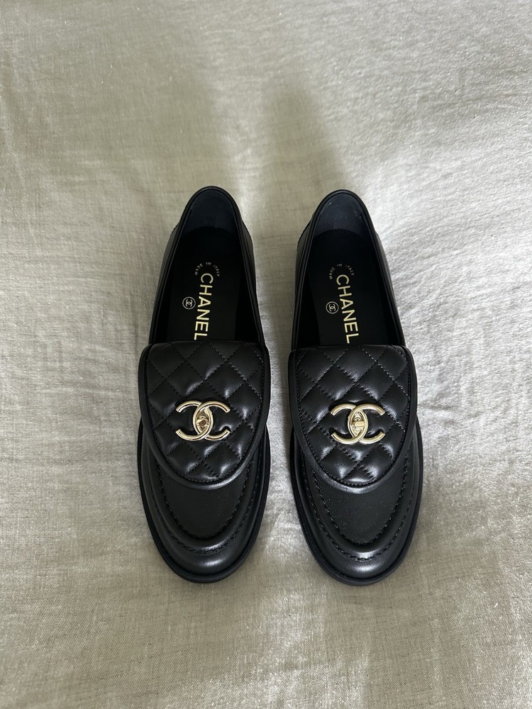 Chanel Quilted Leather Tab Loafers - Black 38.5