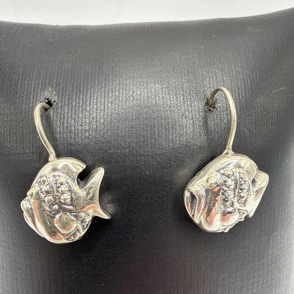 Vtg Puffy 925 Sterling Silver Fish Dangle Drop Earrings. 4.8 Grams.