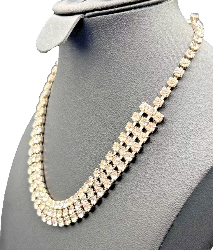Vintage Sparkle Rhinestone Statement Necklace Tennis Silver Tone Bridal Prom Wed