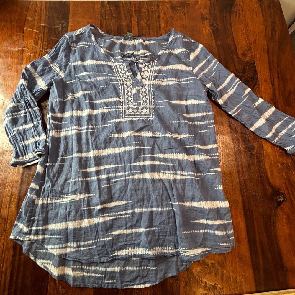 Eddie Bauer Womens Blue Tie Dye Embroidered Cotton Gauze Tunic Top Large L