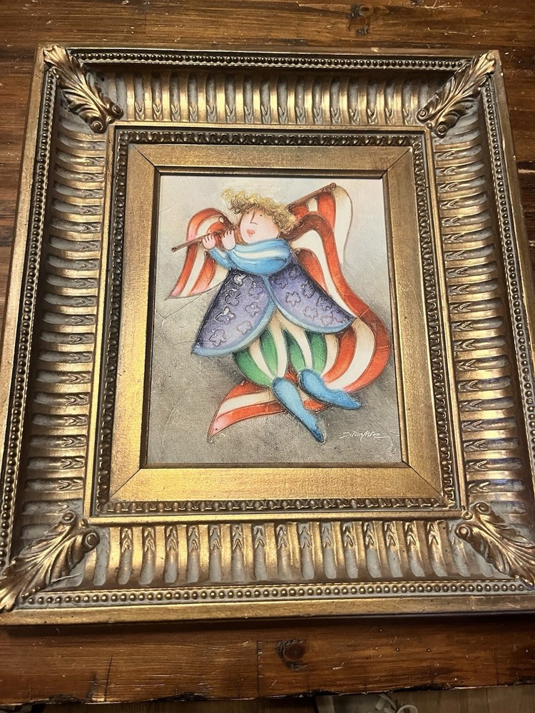 Signed Joyce Roybal Whimsical Angel Musician Framed Oil On Canvas 8”x10” -