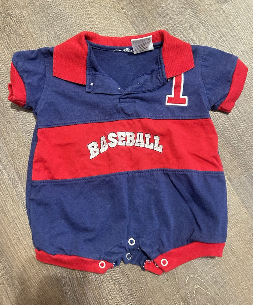 Vintage Baby Baseball Romper One-Piece 3-6M Blue Red Collared Embroidered Snap