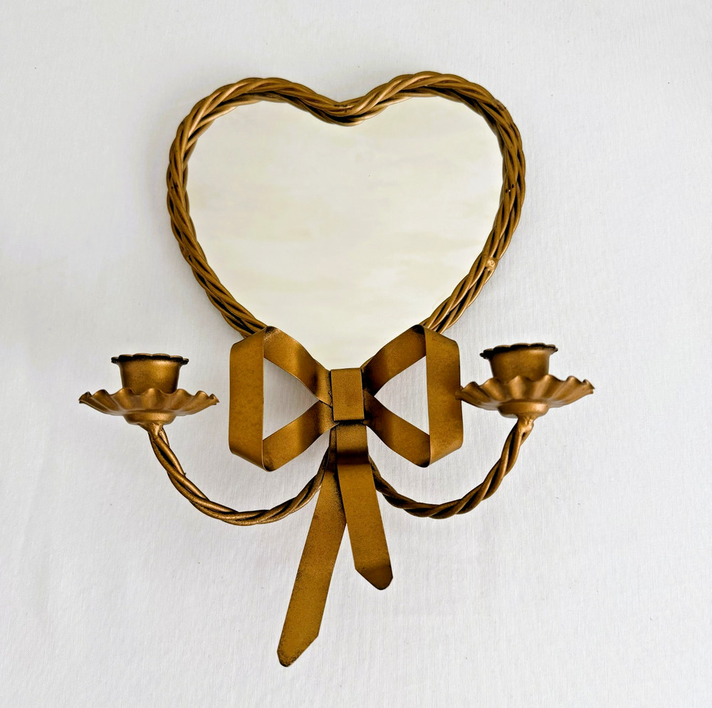 Vintage Homco Hollywood Regency Gold Heart Mirror Bow Wall Candle Sconce
