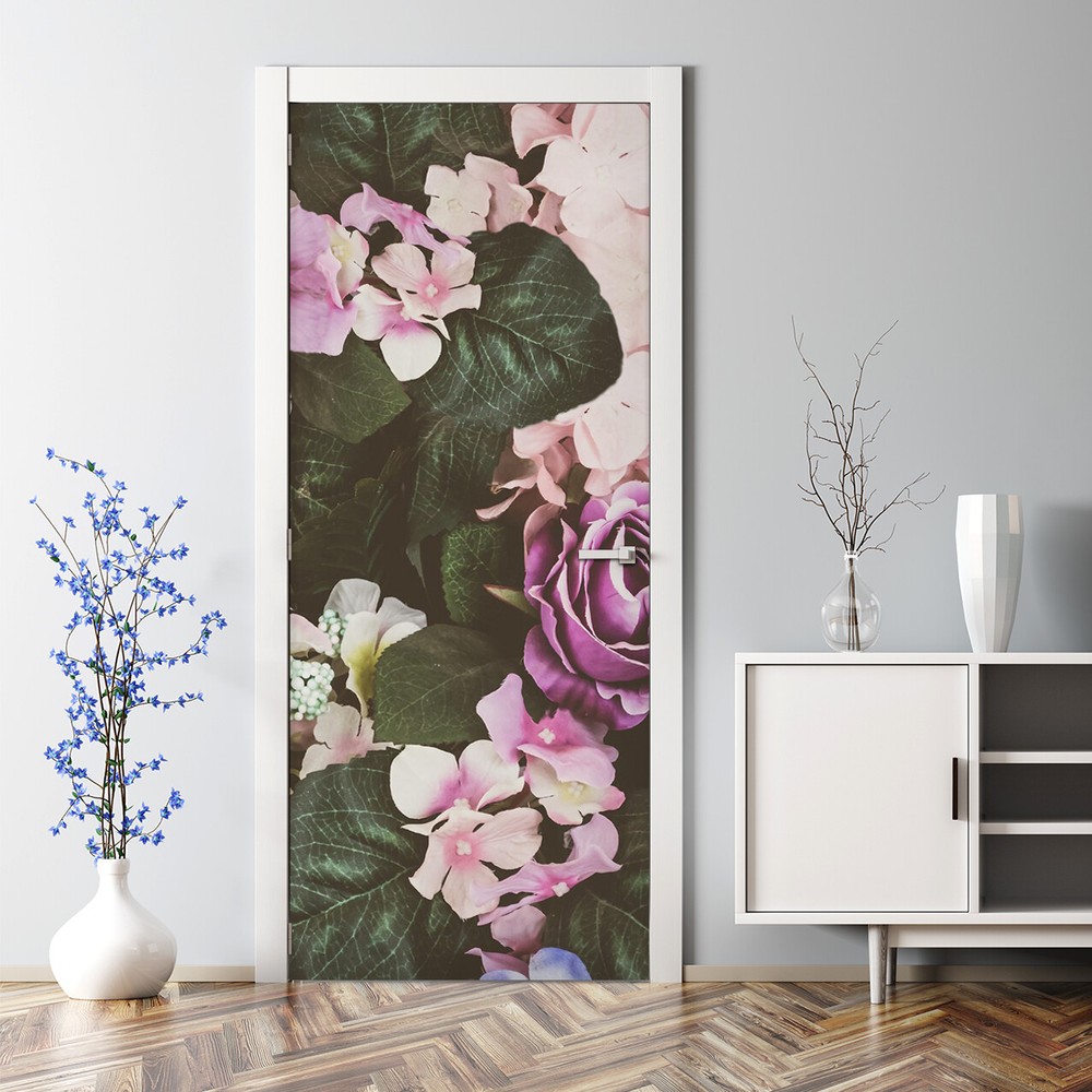 Baroque romantic flowers Bubble Free Door sticker pink and green Decal Decor