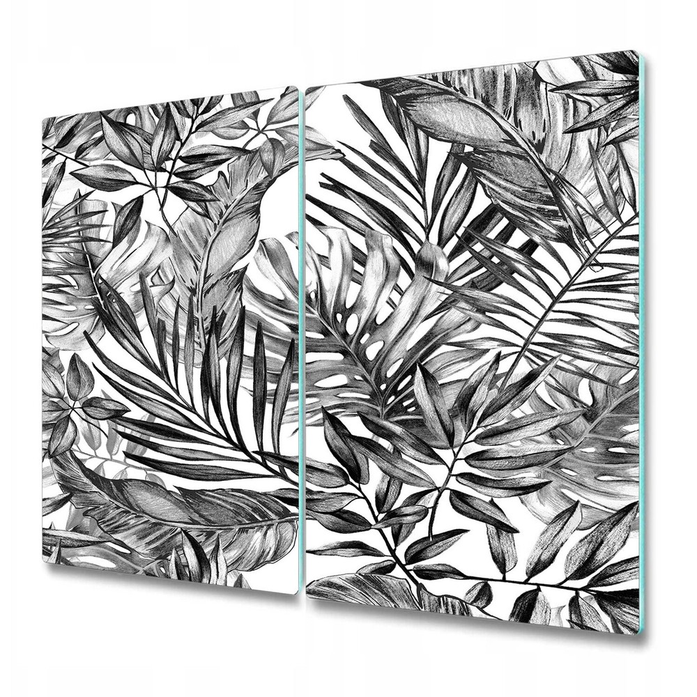 Tempered Glass Chopping Board Black Monstera Exotic Illustration Vintage Leaf