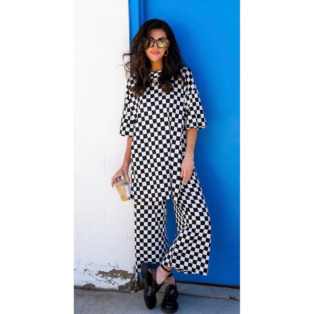 Dressed in Lala Checkerboard Ribbed Matching Set Oversized XS