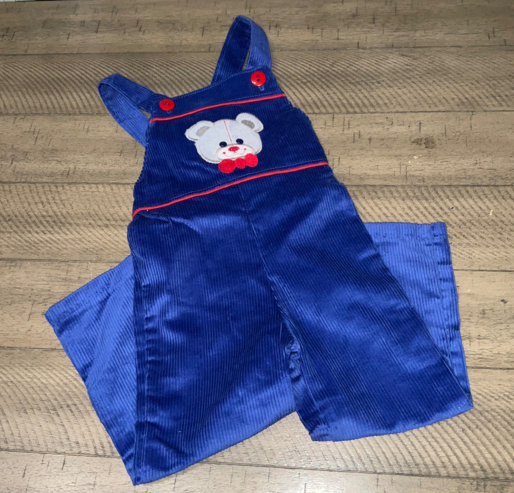 NWT Vintage Healthtex TEDDY BEAR Patch Blue Corduroy  Overalls Boys Size 3T  USA