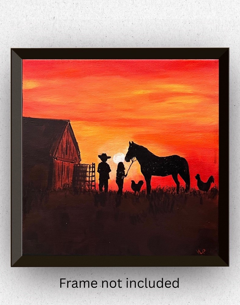 Horse Barn Boy Girl At Sundown VLP Original Abstract Acrylic 12x12” Canvas wCOA