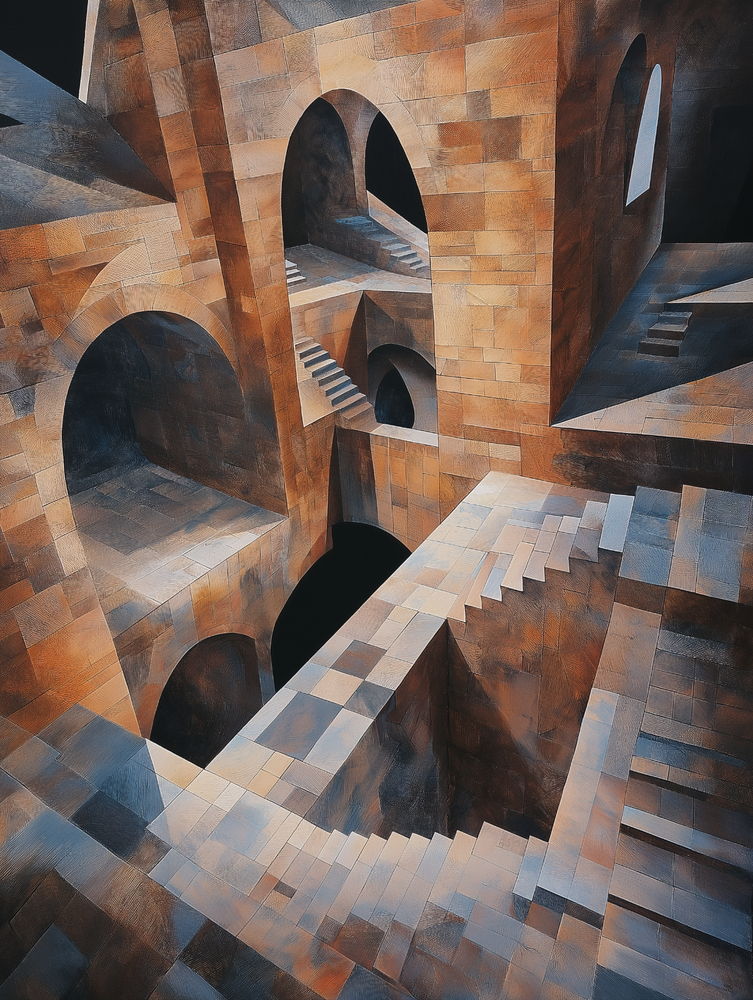 Abstract Escher-Inspired Stairway Art Print 18x24 Inches-image